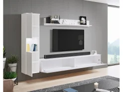Móvel De Tv* Conjunto moderno de sala 3 peças, corpo mate, frentes brilho, coluna e móvel de TV 180 cm Branco
