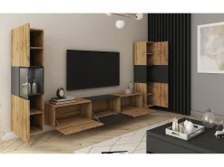 Móvel De Tv* Conjunto moderno de sala parede suspensa e de chão 3 peças com móvel TV 180 cm vitrine e coluna carvalho wotan preto mate Natural claro