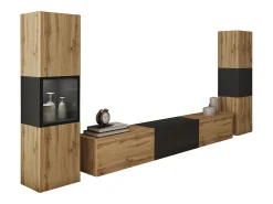 Móvel De Tv* Conjunto moderno de sala parede suspensa e de chão 3 peças com móvel TV 180 cm vitrine e coluna carvalho wotan preto mate Natural claro