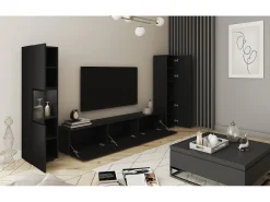 Discount Conjunto moderno de sala parede suspensa e de chão 3 peças com móvel TV 180 cm vitrine e coluna mate Preto