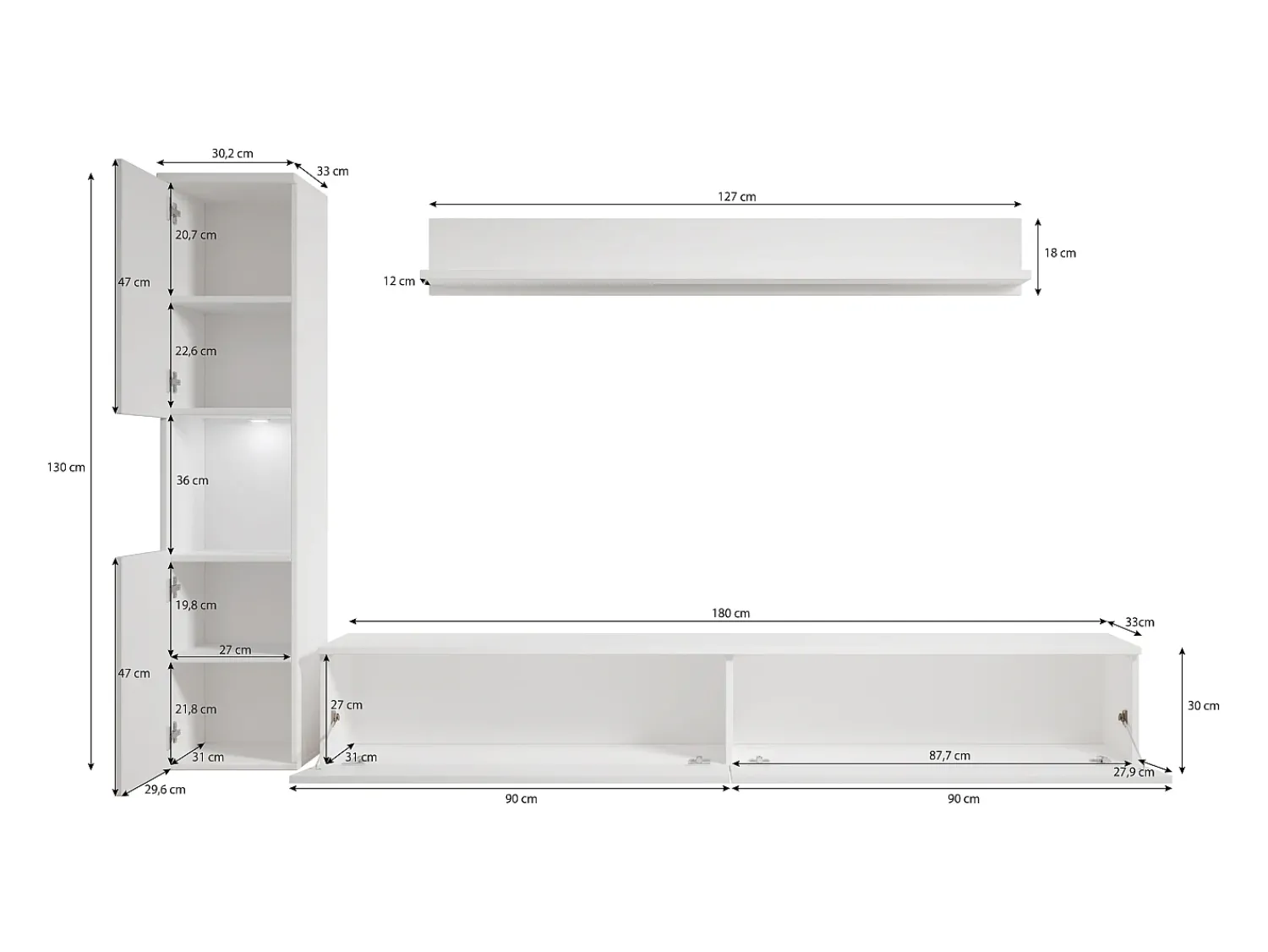 Conjunto moderno de sala 3 peças, corpo matera, frentes branco brilho, coluna e móvel de TV 180 cm^ Móvel De Tv