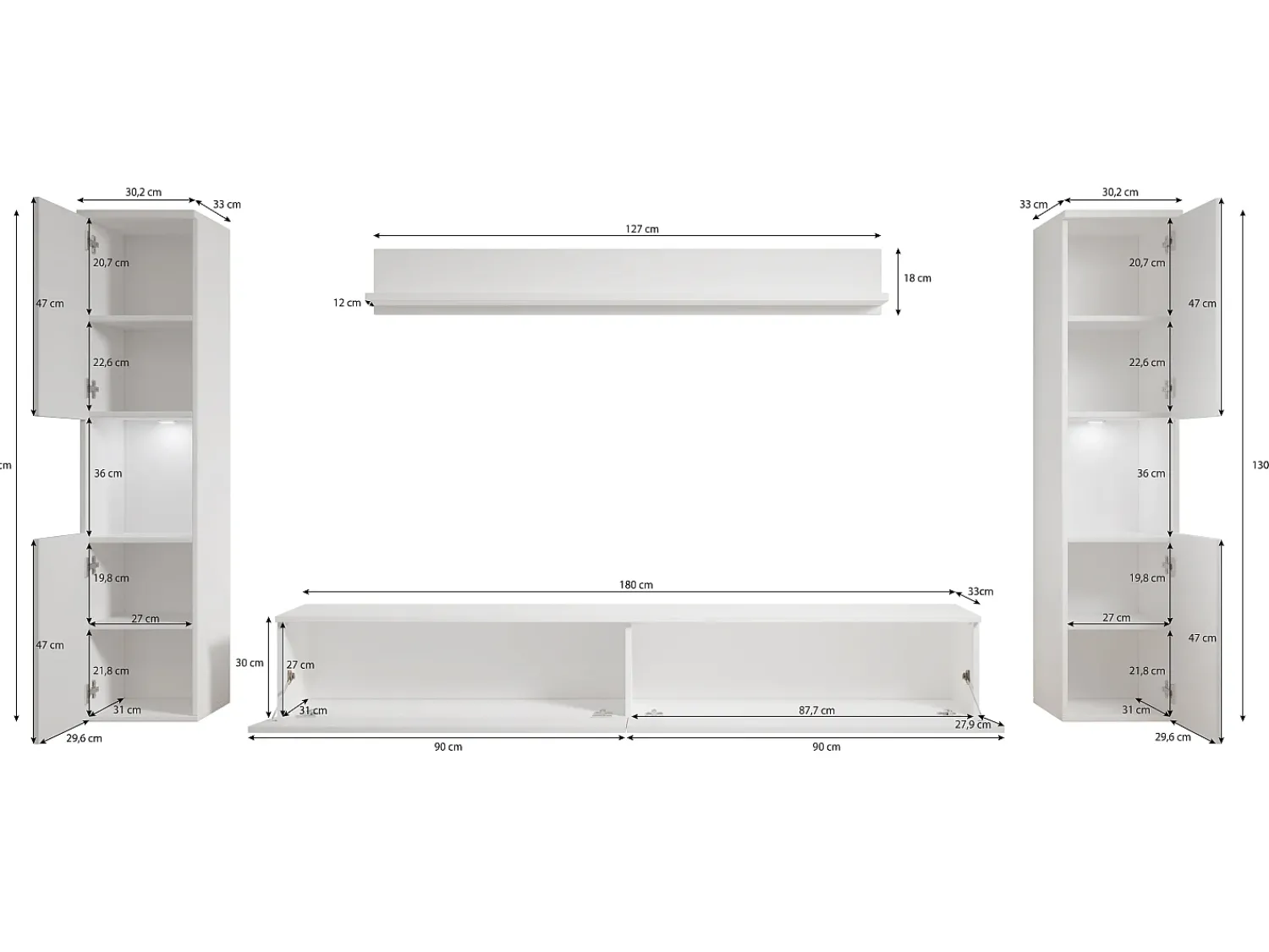 Conjunto moderno de sala 4 peças, corpo mate, frentes brilho, 2 colunas e móvel de TV 180 cm^ Móvel De Tv