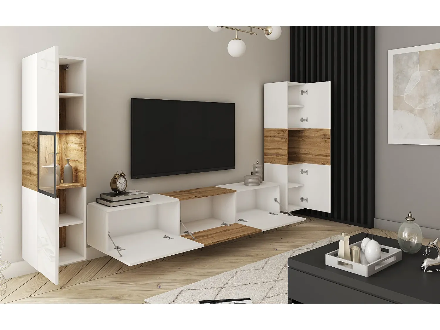 Conjunto moderno de sala parede suspensa e de chão com móvel TV 180 cm vitrine e coluna, corpo carvalho wotan frentes brilho^ Móvel De Tv