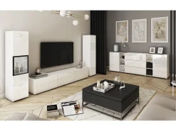 Discount Conjunto moderno de sala parede suspensa e de chão com móvel TV 180 cm vitrine e coluna, corpo mate, frentes brilho Branco