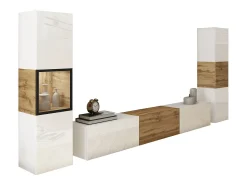 Móvel De Tv| Conjunto mural com iluminação LED, conjunto com móvel de TV 180 cm, vitrina e coluna, corpo mate, frentes brilho, inserto carvalho Wotan Branco