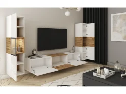 Móvel De Tv| Conjunto mural com iluminação LED, conjunto com móvel de TV 180 cm, vitrina e coluna, corpo mate, frentes brilho, inserto carvalho Wotan Branco