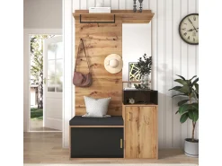 Móvel De Entrada* Conjunto para closet com 4 ganchos, espelho, sapateira, cabideiro de parede, prateleira e banco. (Requer furação) Preto