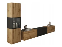 Outlet Conjunto para sala, suspenso e de chão, 2 peças, móvel TV 180 cm e vitrina, corpo carvalho Wotan mate, frentes preto mate Natural claro