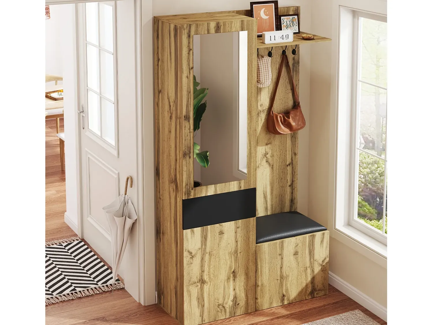 ModernLuxe Conjunto vestiário de entrada 98.5×38×191 cm - com cabideiro e sapateira - ganchos e 1 espelho - natural + preto^ Móvel De Entrada