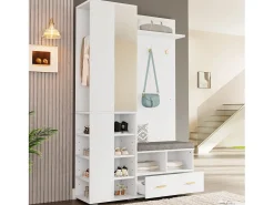 Móvel De Entrada*ModernLuxe Conjunto vestiário de entrada 120x35x190cm - con 2 gavetas e compartimentos de armazenamento - con espelho e banco de sapatos - Branco