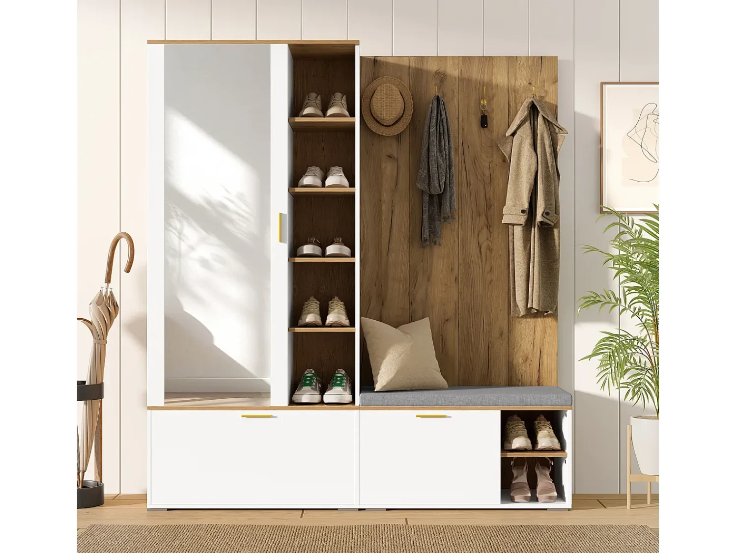 Móvel De Entrada*ModernLuxe Conjunto vestiário de entrada 160x38x180cm - con 3 portas e compartimentos de armazenamento - con espelho e móvel para sapatos - con gancho - Natural + Branco Natural claro / Branco