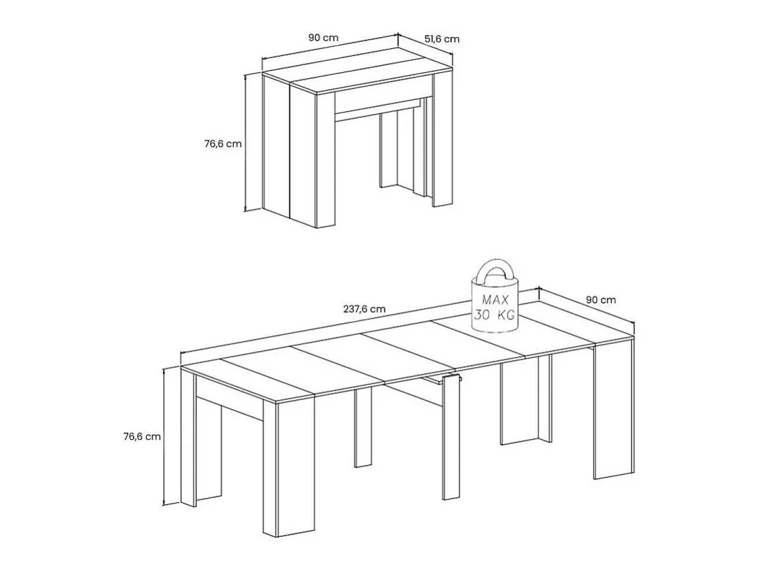 Dmora Consola 0, Mesa de jantar extensível até 10 lugares, Consola moderna com extensões, 90x52h78 cm, Branca^ Consola