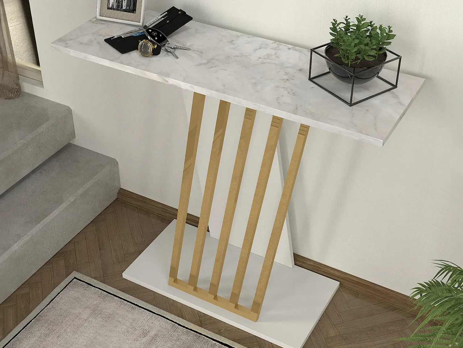 Hot Vente-unique Consola cor efeito mármore branco e dourado - ORSONA Branco / Dourado