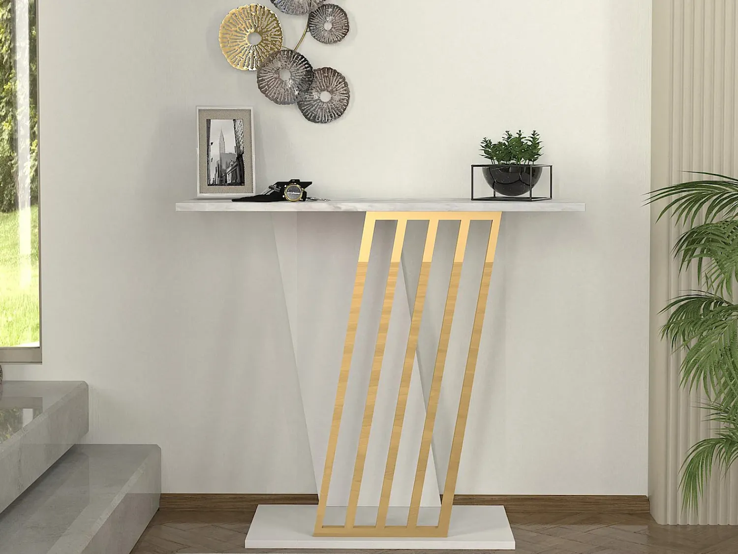 Hot Vente-unique Consola cor efeito mármore branco e dourado - ORSONA Branco / Dourado