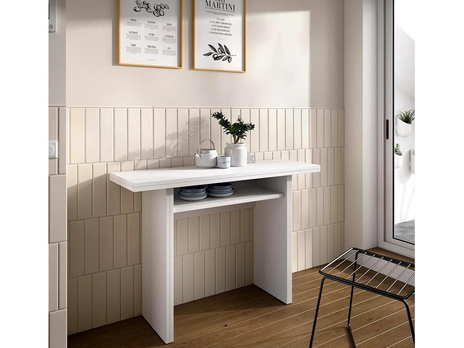 Dmora Consola extensível Rodella, Consola extensível auxiliar multiposições, Mesa de jantar dobrável com tampo rebatível, 110x33/66h75 cm,^ Consola