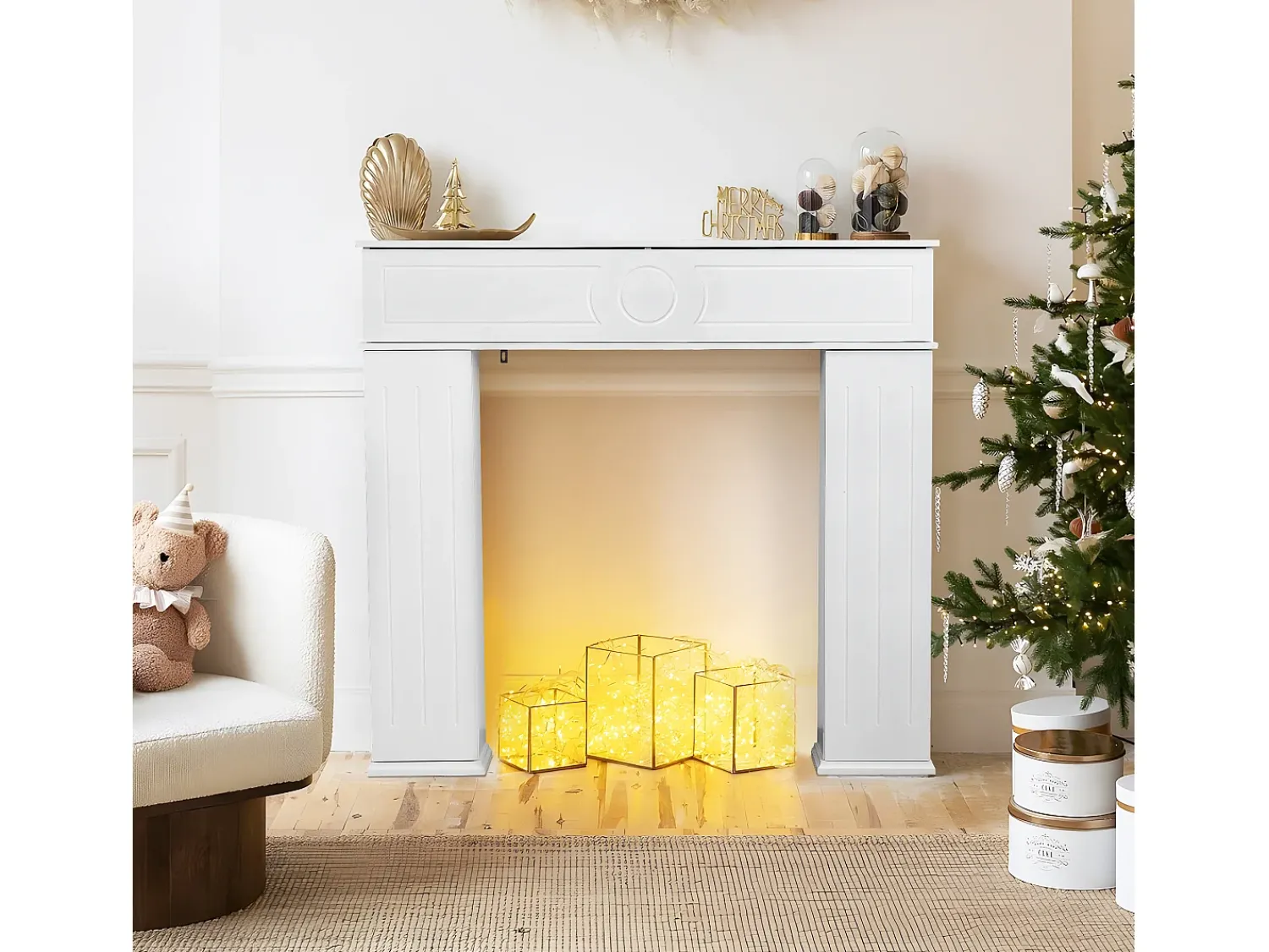 Hot Console de lareira 107 x 18 x 100 cm, Armário de armazenamento decorativo com espaço para guardar objetos Branco
