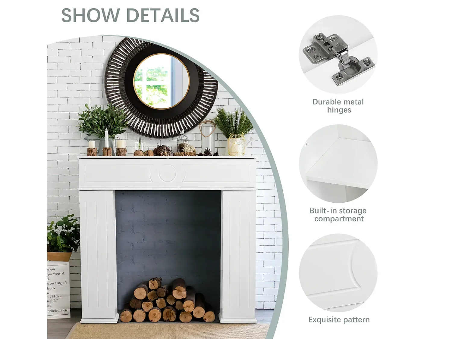 Hot Console de lareira 107 x 18 x 100 cm, Armário de armazenamento decorativo com espaço para guardar objetos Branco