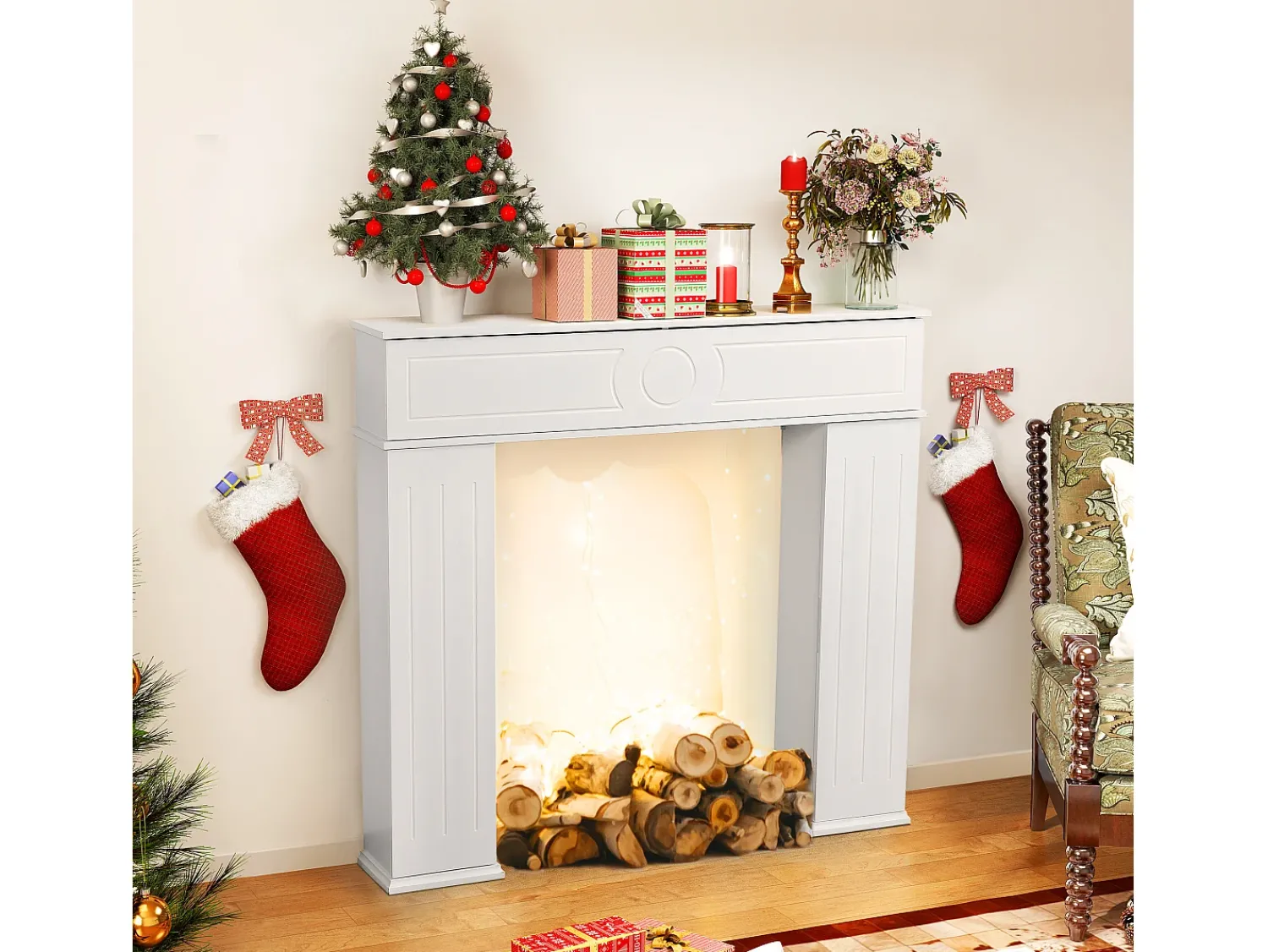 Hot Console de lareira 107 x 18 x 100 cm, Armário de armazenamento decorativo com espaço para guardar objetos Branco