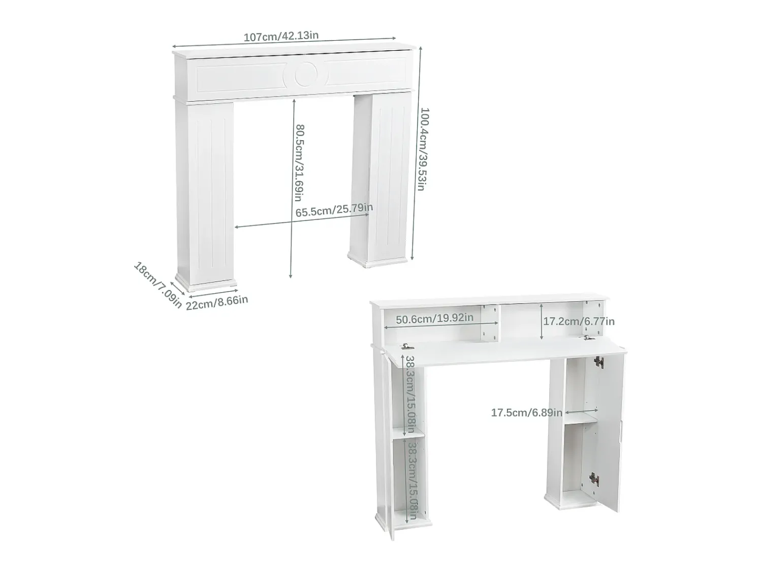 Hot Console de lareira 107 x 18 x 100 cm, Armário de armazenamento decorativo com espaço para guardar objetos Branco