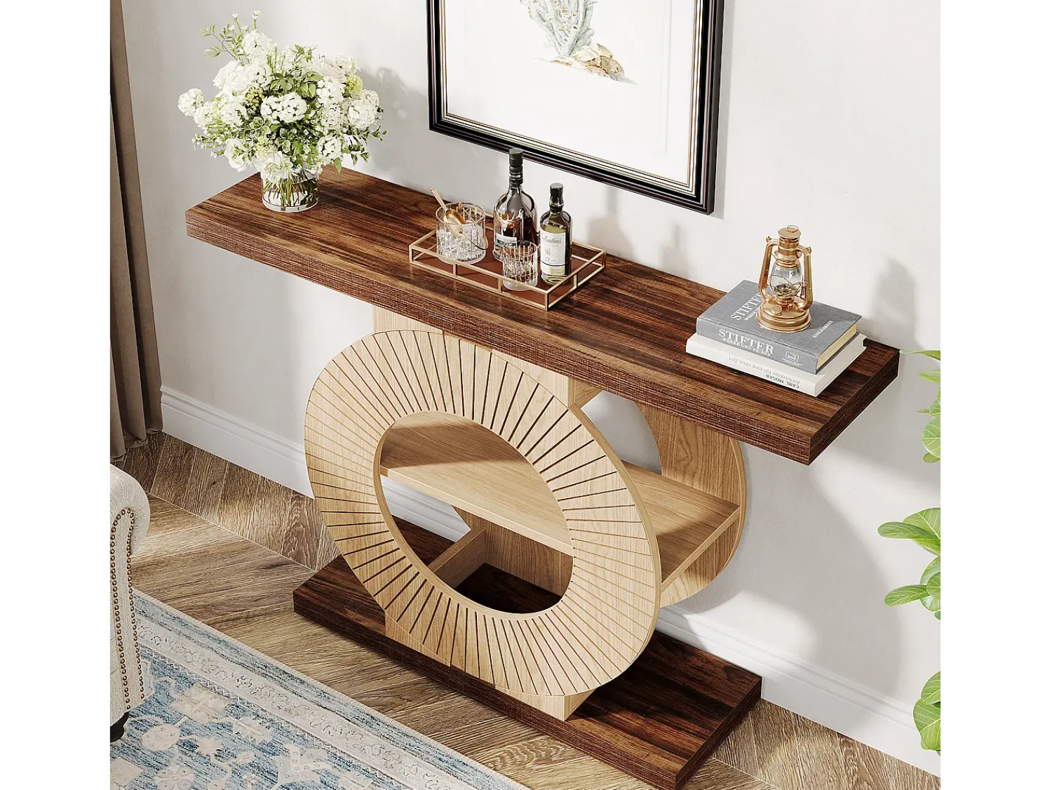 Consola*Tribesigns Console de mesa de 100 cm com armazenamento - Mesa de entrada em madeira para sala, com prateleiras e base circular Castanho