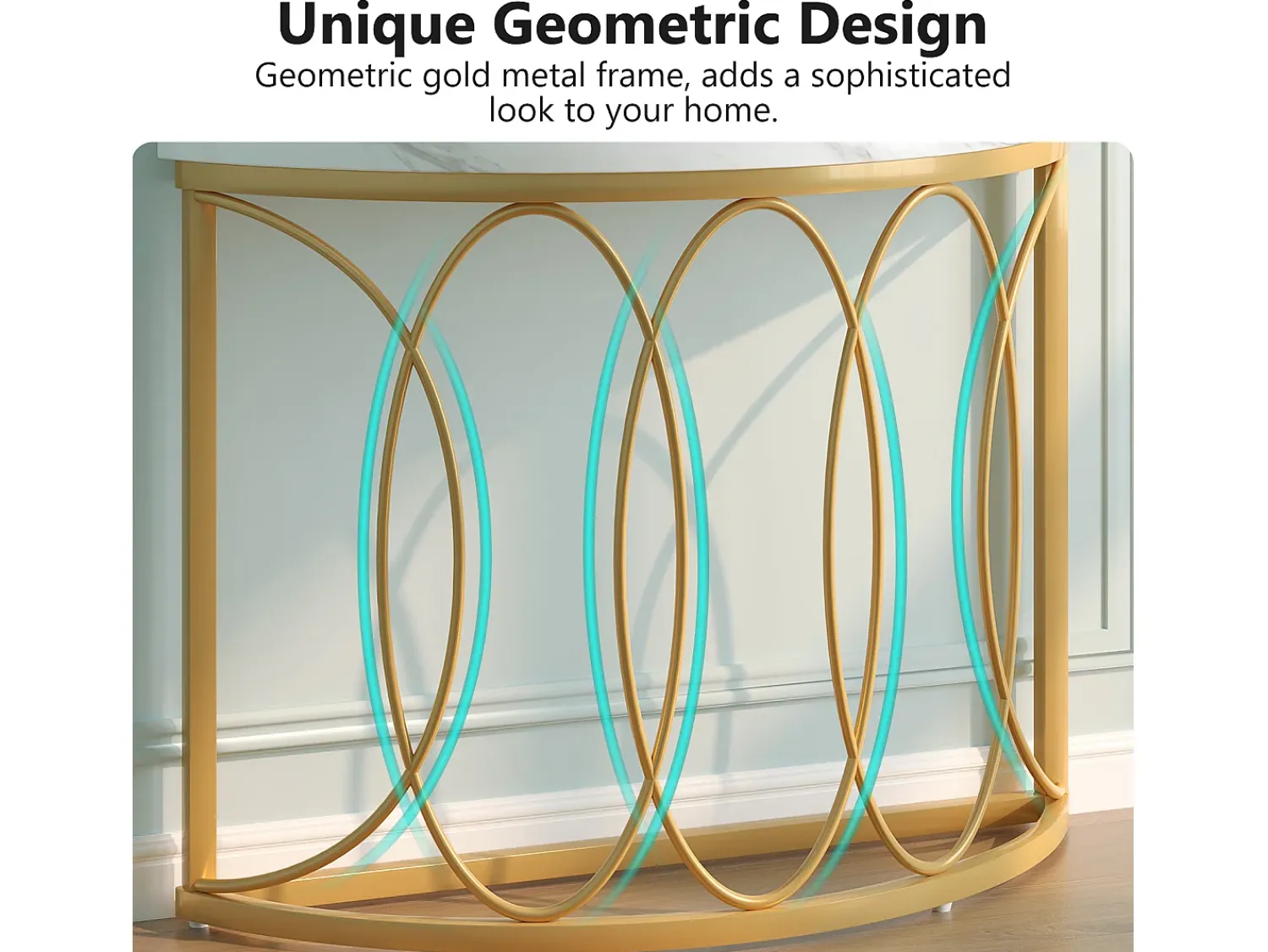 Clearance Tribesigns Console de mesa dourada, mesa de cabeceira, mesa de sofá, mesa de corredor com mesa em imitação de mármore, moldura de metal e design em meia lua Branco