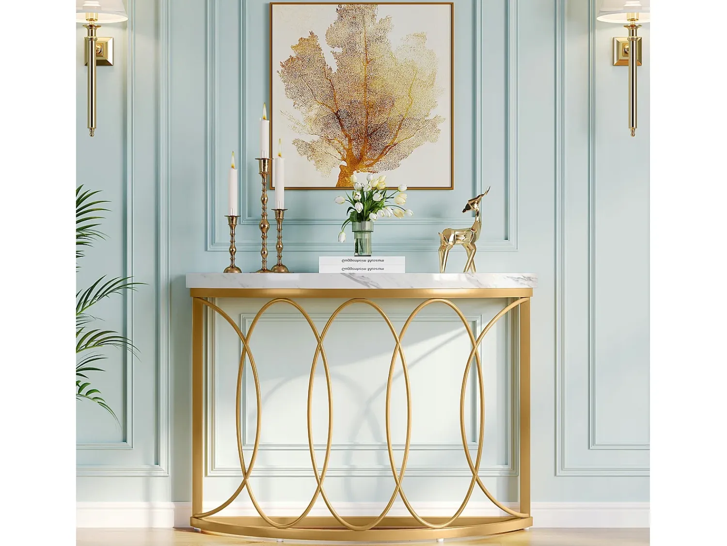 Clearance Tribesigns Console de mesa dourada, mesa de cabeceira, mesa de sofá, mesa de corredor com mesa em imitação de mármore, moldura de metal e design em meia lua Branco