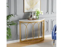 Clearance Tribesigns Console de mesa dourada, mesa de cabeceira, mesa de sofá, mesa de corredor com mesa em imitação de mármore, moldura de metal e design em meia lua Branco