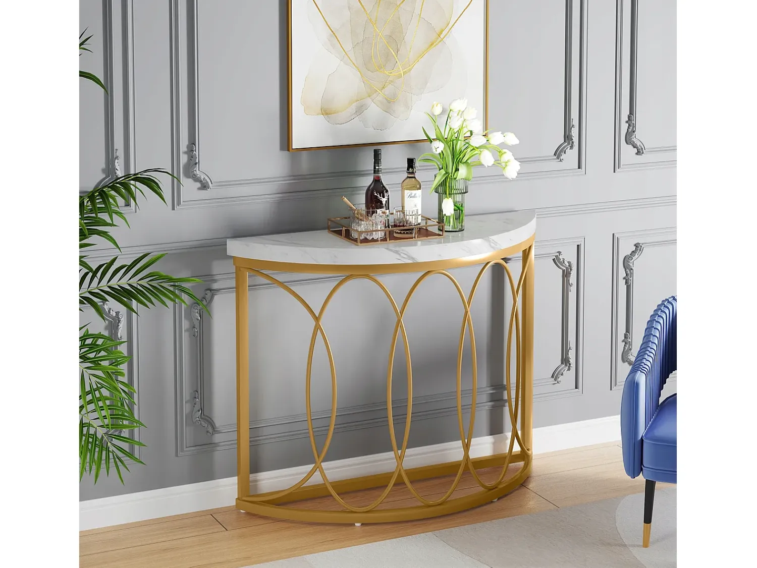 Clearance Tribesigns Console de mesa dourada, mesa de cabeceira, mesa de sofá, mesa de corredor com mesa em imitação de mármore, moldura de metal e design em meia lua Branco