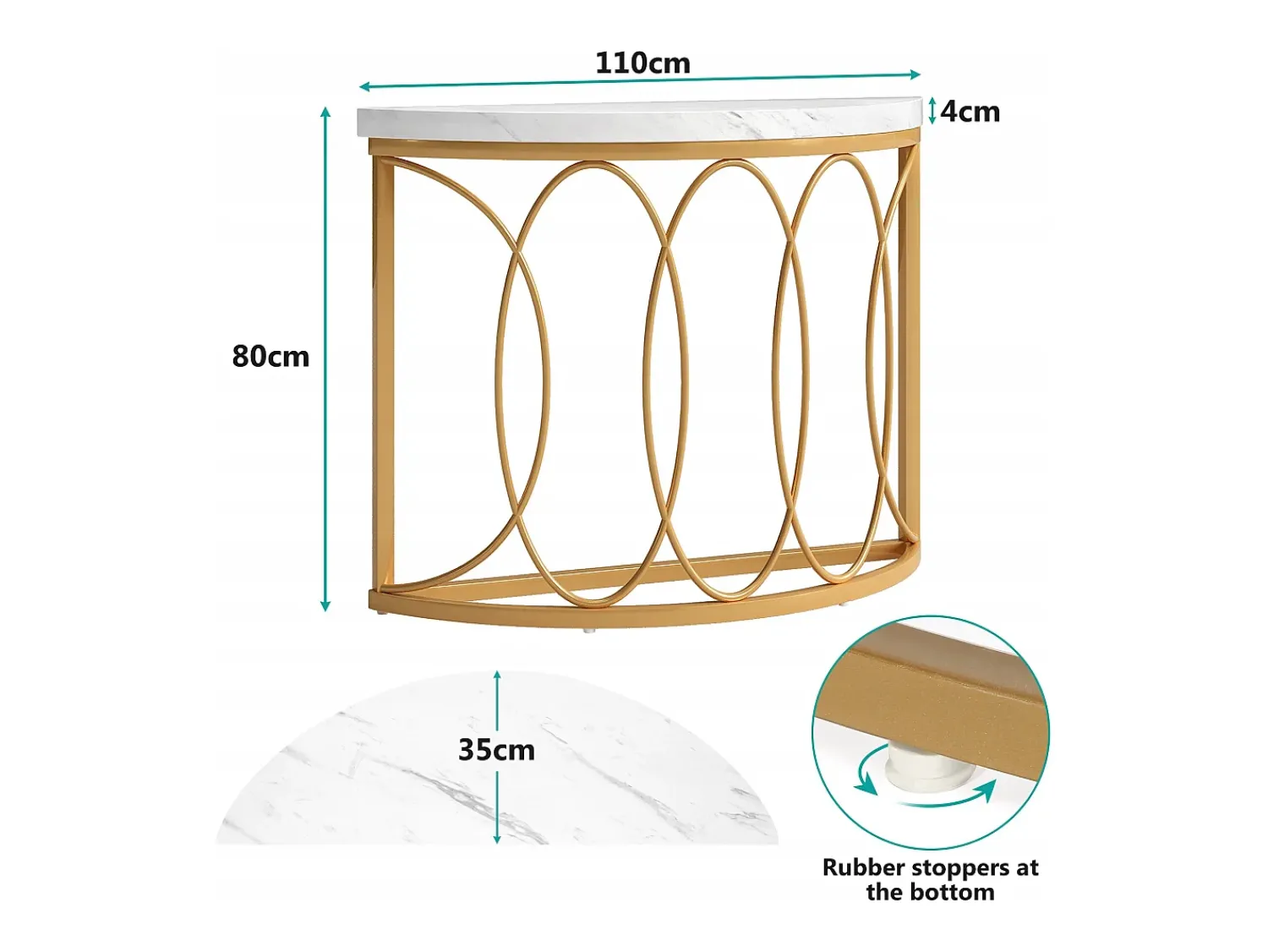 Clearance Tribesigns Console de mesa dourada, mesa de cabeceira, mesa de sofá, mesa de corredor com mesa em imitação de mármore, moldura de metal e design em meia lua Branco