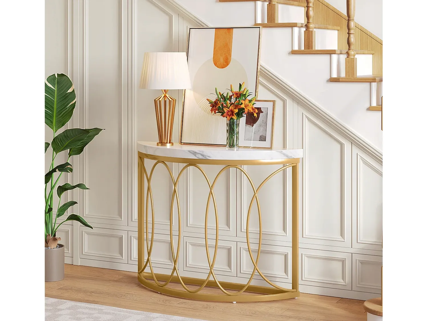 Clearance Tribesigns Console de mesa dourada, mesa de cabeceira, mesa de sofá, mesa de corredor com mesa em imitação de mármore, moldura de metal e design em meia lua Branco