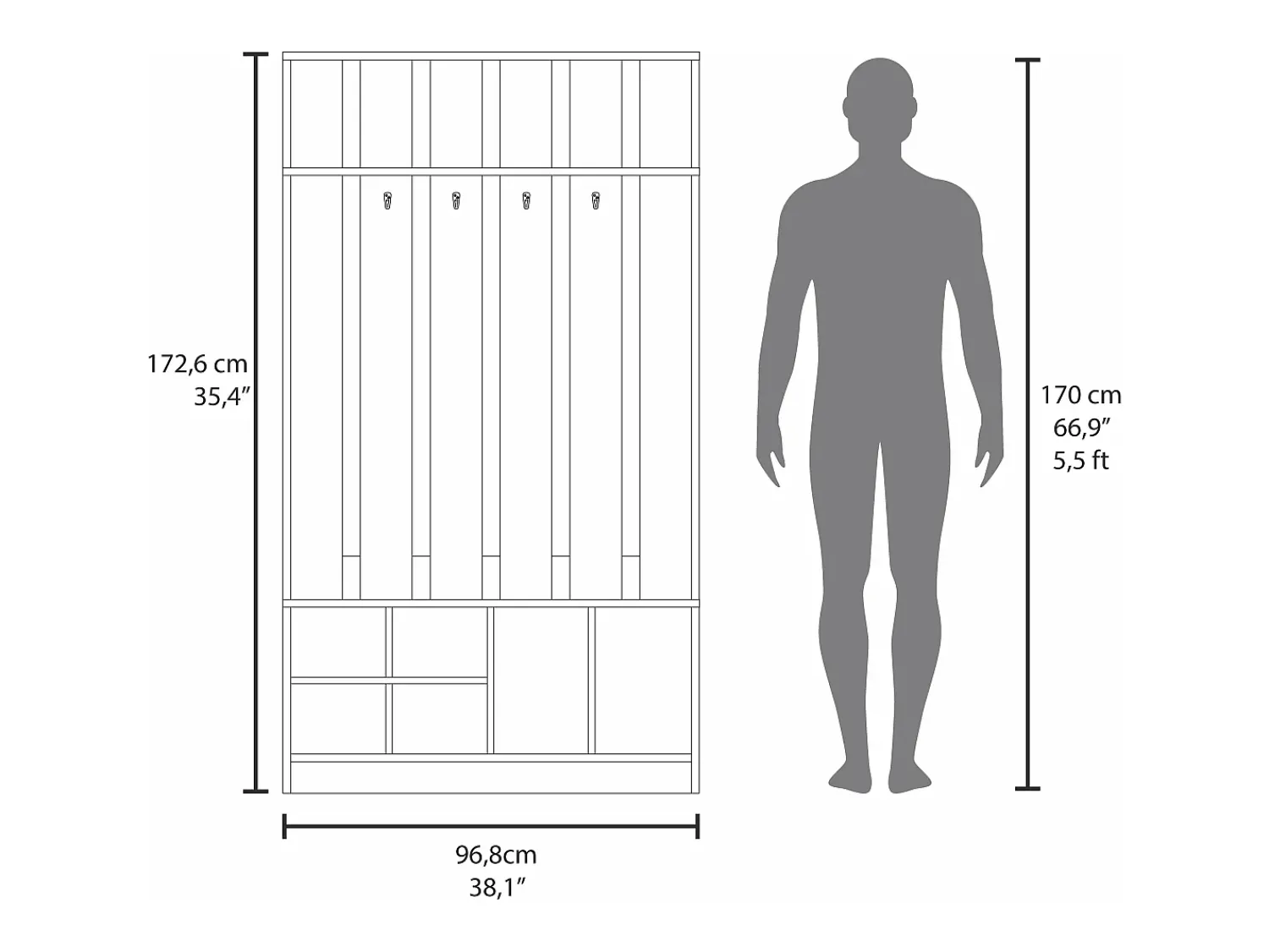 Clearance TuHome Corredor de tulcan em melamina com 8 prateleiras e 4 ganchos para pendurar roupa , , 172,6 cm X 96,8 cm X 39,3 cm Cinzento