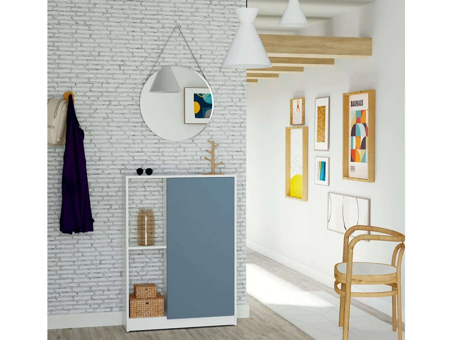 Móvel De Arrumação|Sapateira| Corredor Neo com Sapateira em Azul e Brilhante 110x80x25 cm Branco