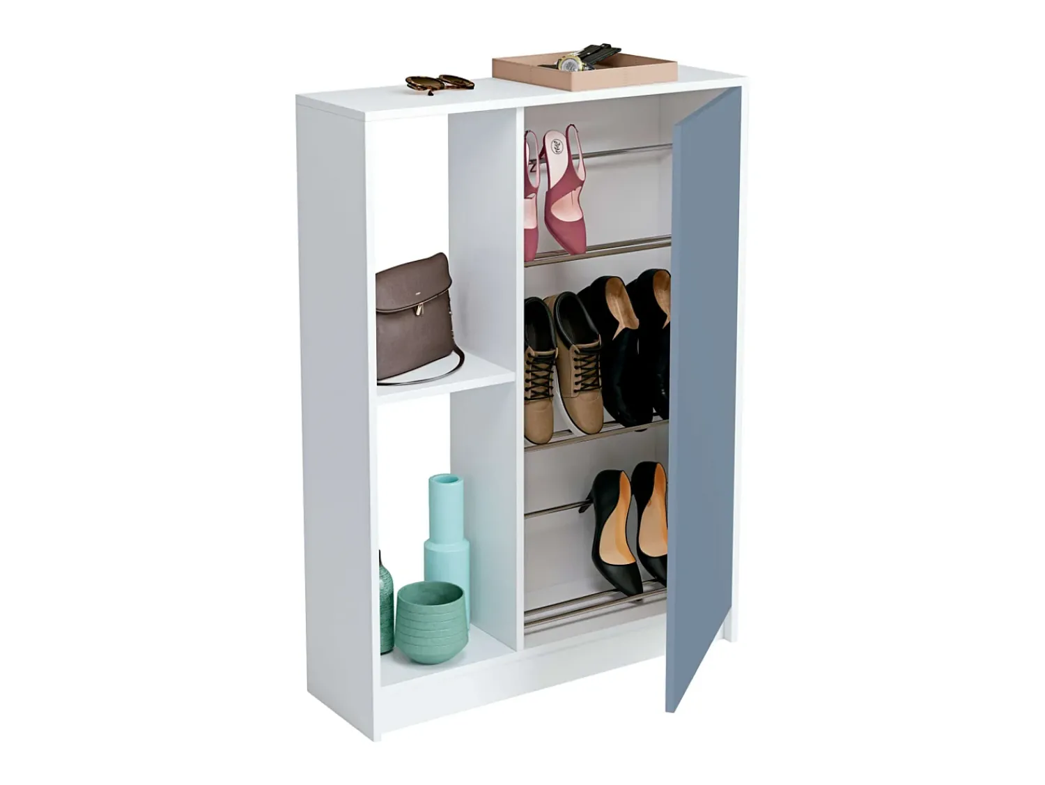 Móvel De Arrumação|Sapateira| Corredor Neo com Sapateira em Azul e Brilhante 110x80x25 cm Branco