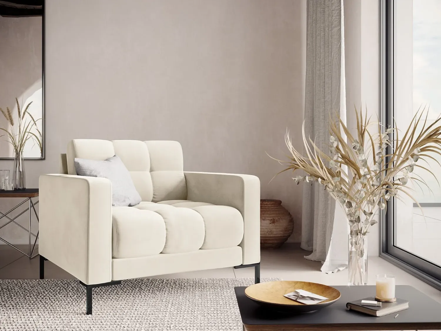 Best Cosmopolitan Design - Poltrona "Bali" em veludo claro - 87x92x75cm Bege