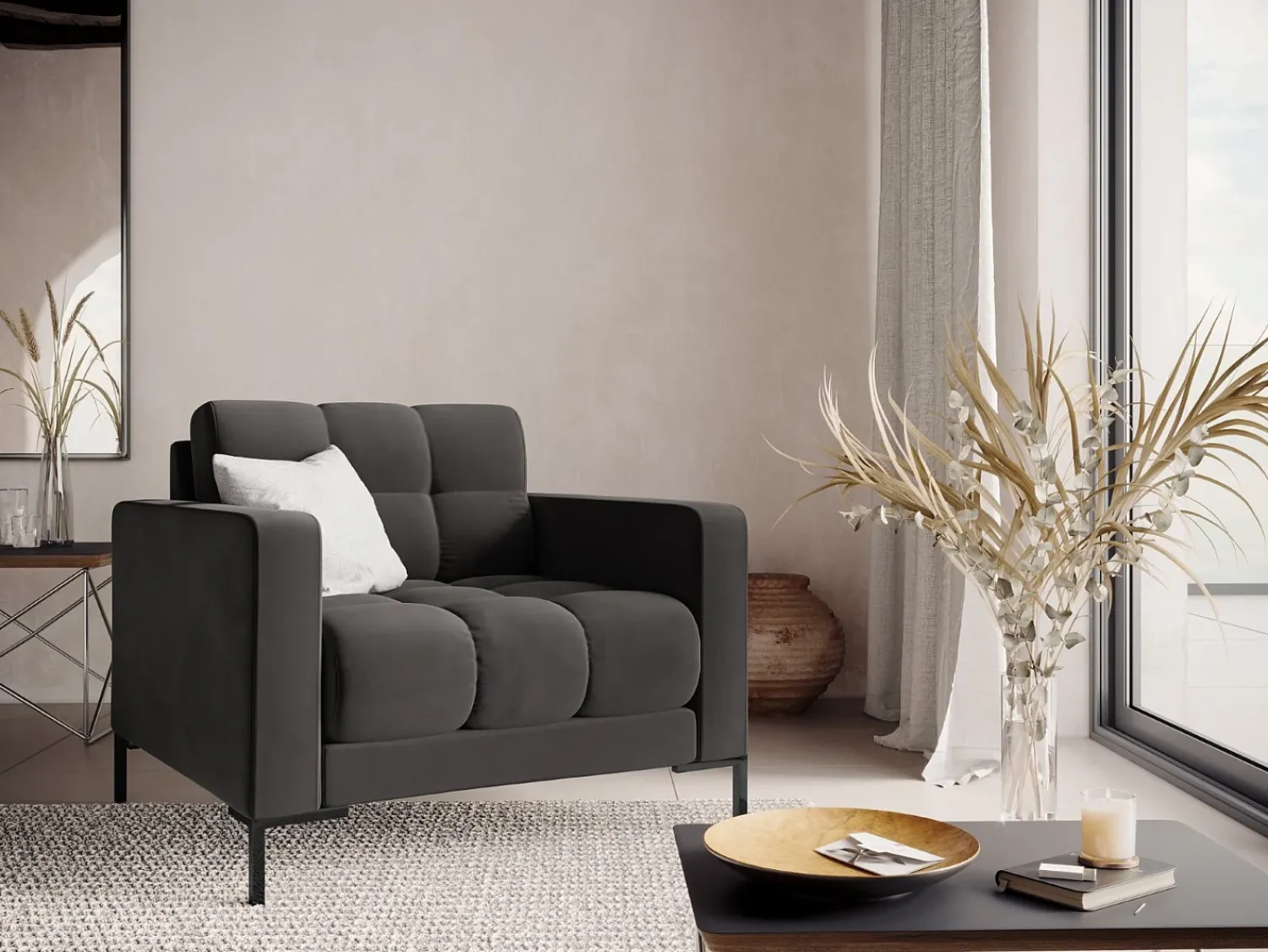 Cosmopolitan Design - Poltrona "Bali" em veludo cinza escuro - 87x92x75cm^ Poltrona