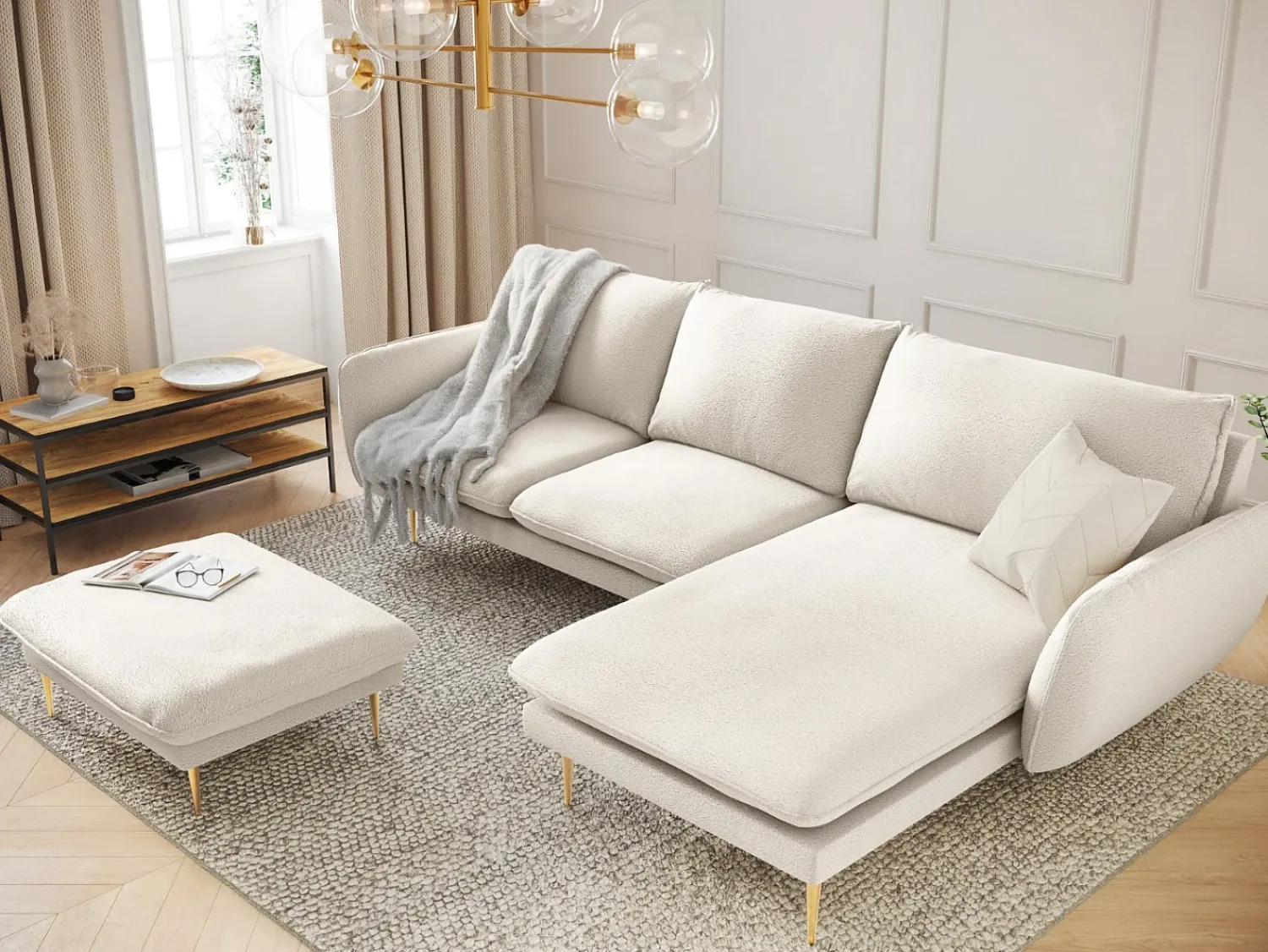 Online Cosmopolitan Design - Sofá de canto direito "Vienna" 5 lugares em tecido bouclé - 255x170x95cm Bege