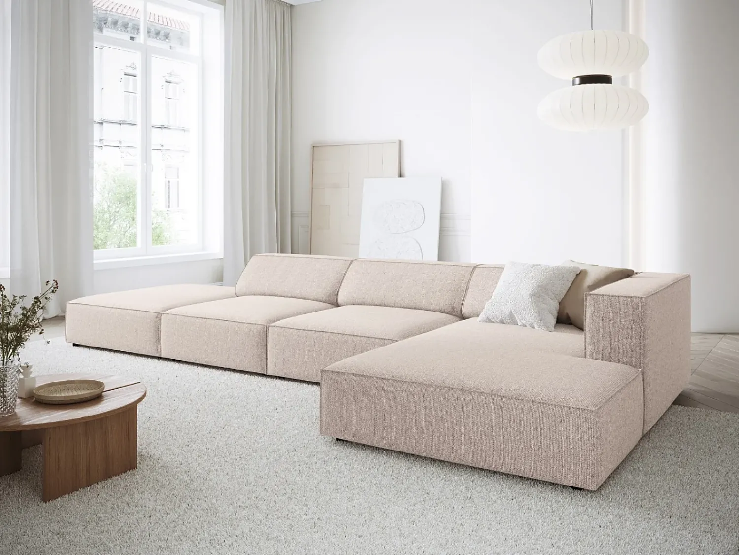 Best Cosmopolitan Design - Sofá de canto direito "Arendal" 5 lugares em tecido chenille - 341x166x70cm Bege