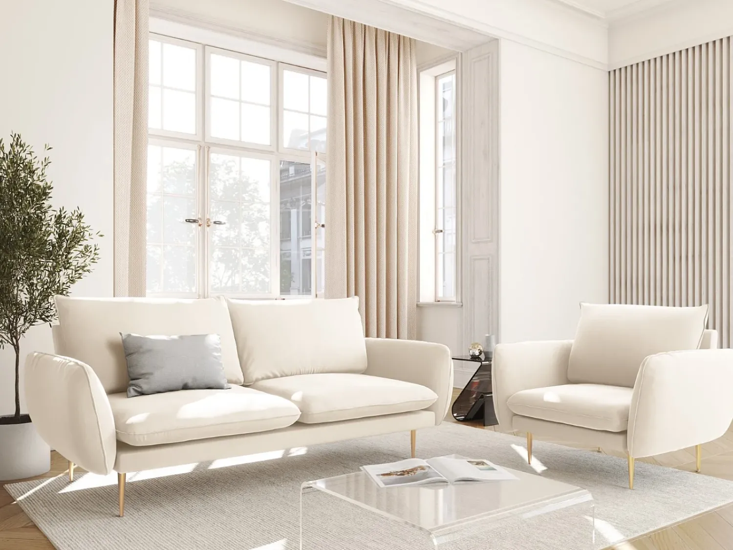 Cosmopolitan Design - Sofá "Vienna" 2 lugares em veludo claro - 160x92x95cm^ Sofá