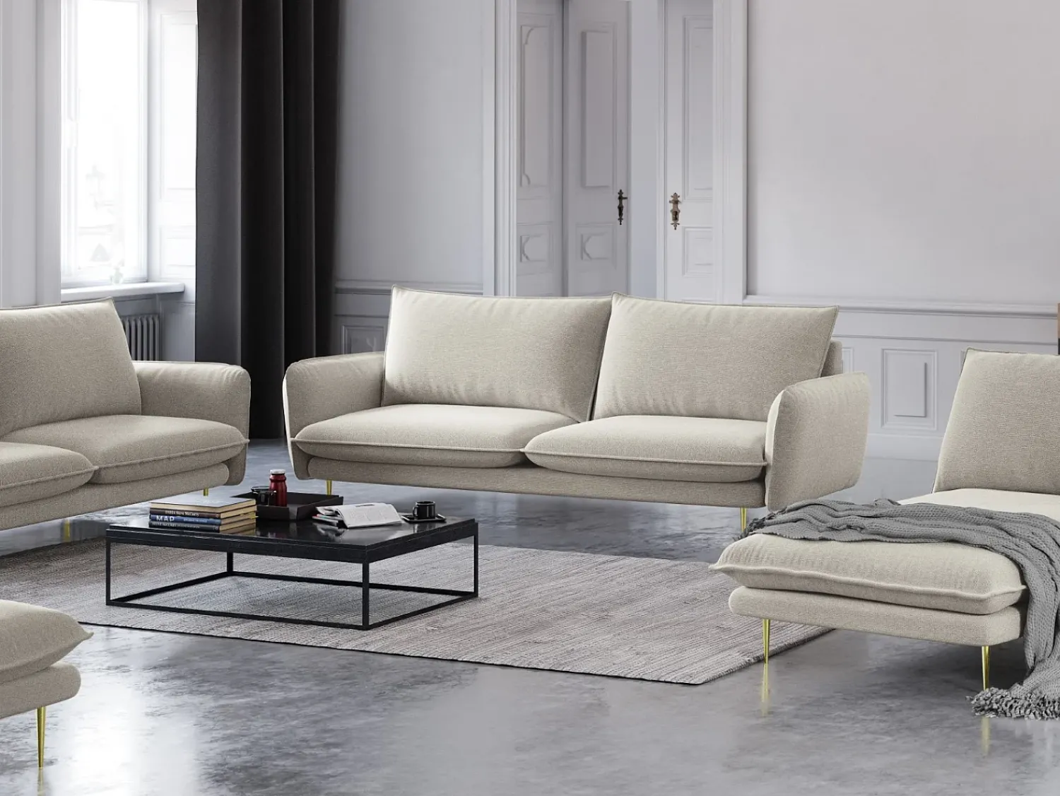 Sofá|Cosmopolitan Design - Sofá "Vienna" 3 lugares em tecido estrutural claro - 200x92x95cm Bege