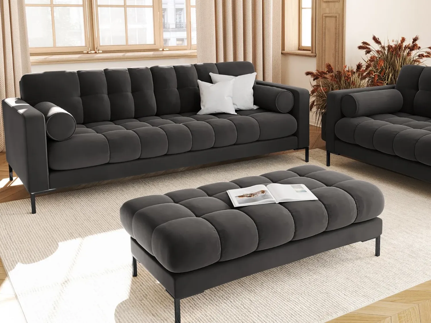 New Cosmopolitan Design - Sofá "Bali" 4 lugares em veludo cinza escuro - 217x92x75cm Cinza antracite