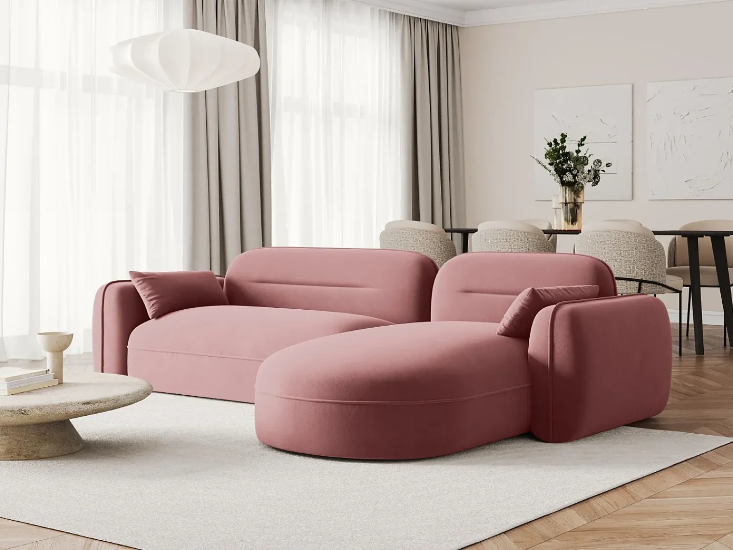 Cosmopolitan Design - Sofá modular de canto direito "Sydney" 4 lugares em veludo salmão - 275x165x70cm Rosa claro