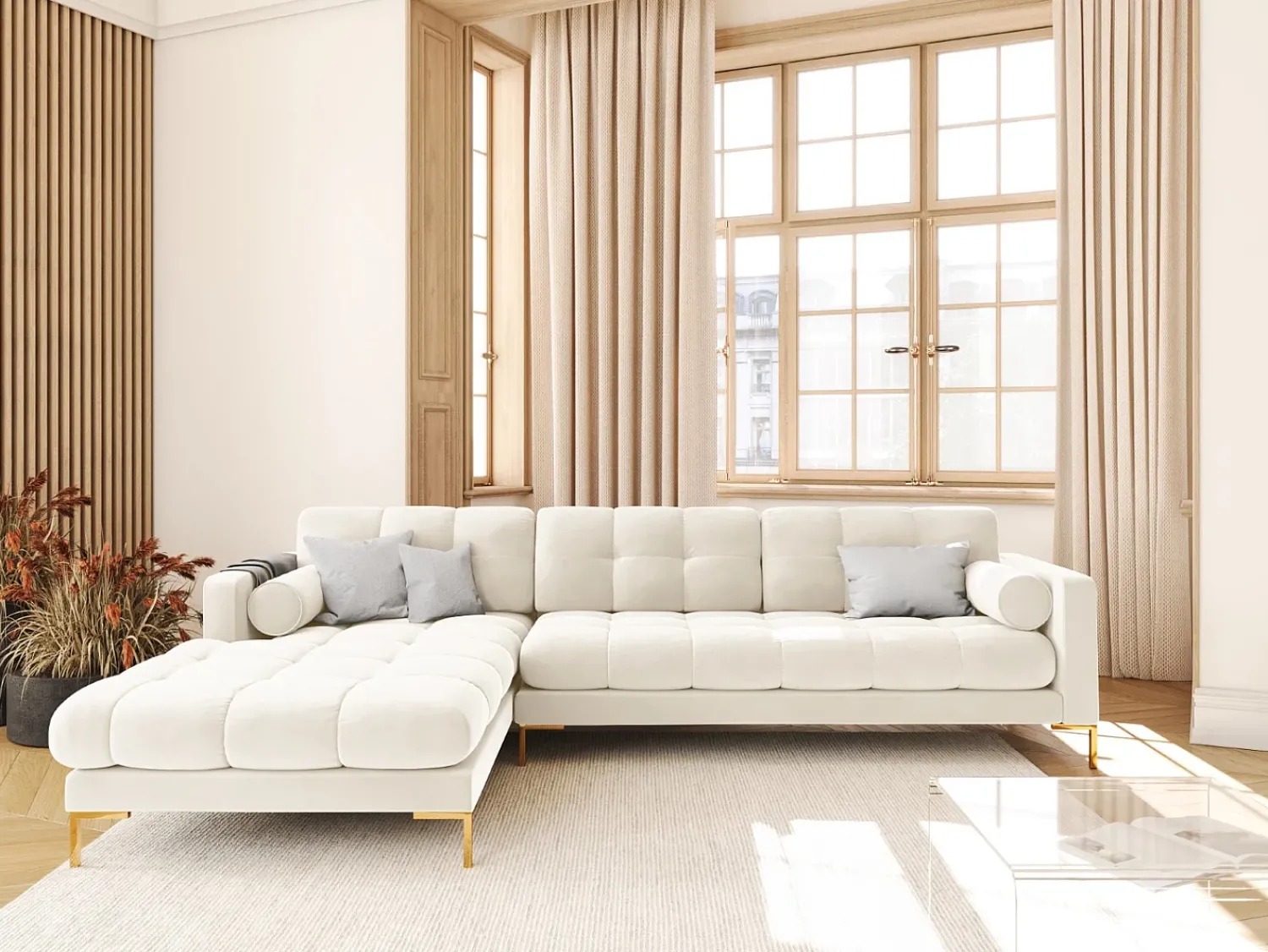Sofá|Cosmopolitan Design - Sofá de canto esquerdo "Bali" 5 lugares em veludo claro - 293x185x75cm Bege
