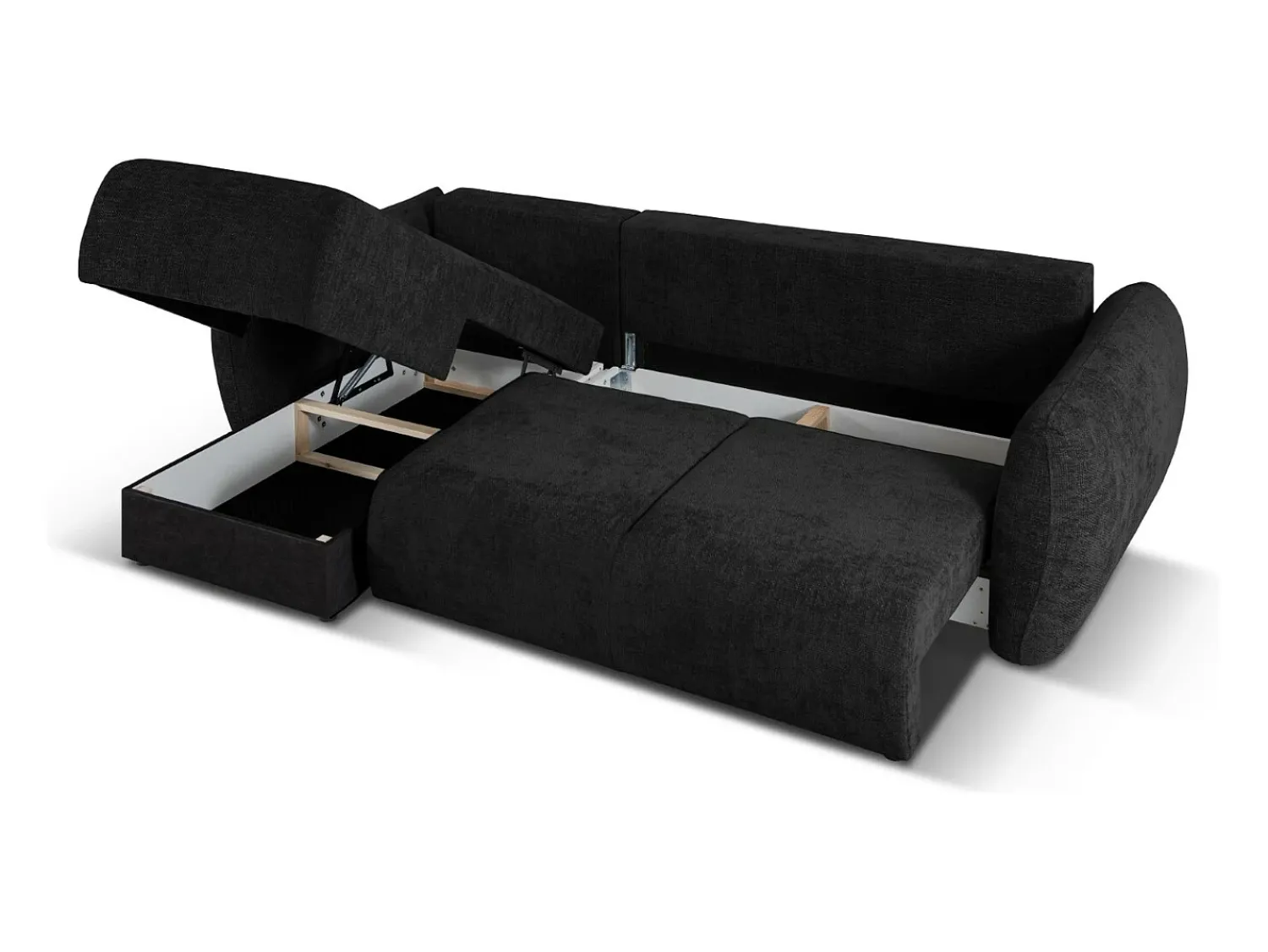 New Cosmopolitan Design - Sofá convertível de canto esquerdo com caixa de arrumação "Matera" 4 lugares em tecido chenille - 253x173x86cm Preto
