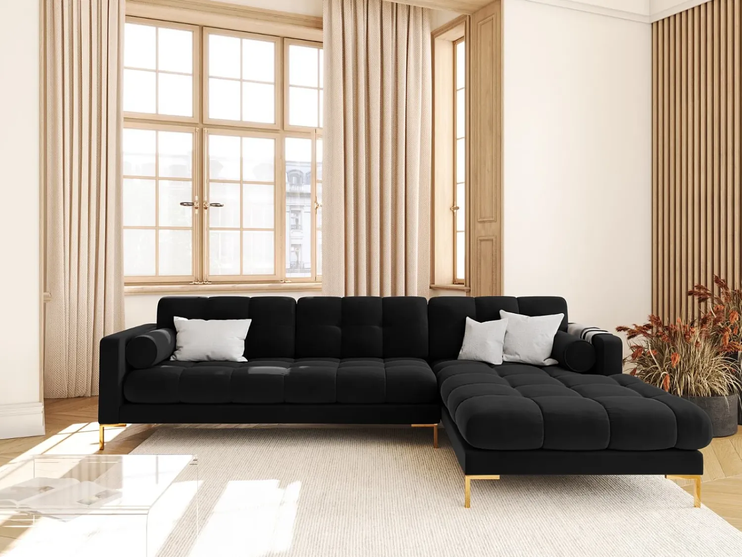 Sofá|Cosmopolitan Design - Sofá de canto direito "Bali" 5 lugares em veludo - 293x185x75cm Preto