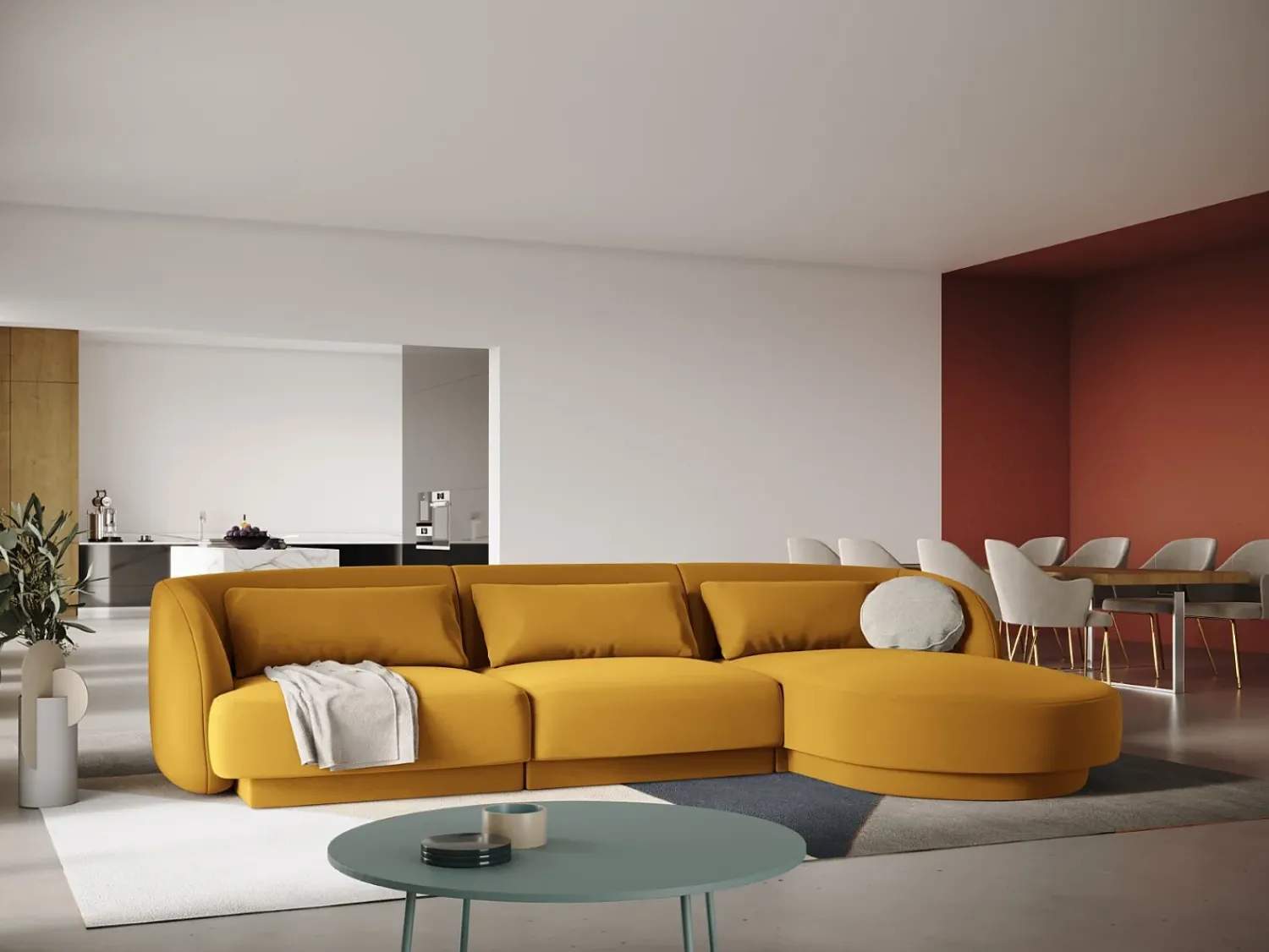 Cosmopolitan Design - Sofá de canto direito "Tulum" 4 lugares em veludo - 255x156x70cm Amarelo