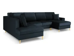 Cosmopolitan Design - Sofá panorâmico convertível esquerdo com caixa de arrumação "Kyoto" 7 lugares em veludo - 313x194x88cm Azul escuro
