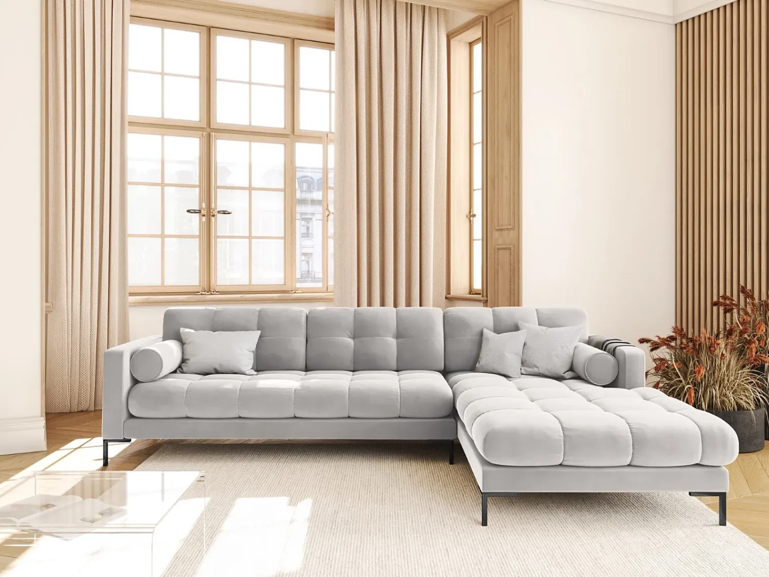 Sofá*Cosmopolitan Design - Sofá de canto direito "Bali" 5 lugares em veludo prata - 293x185x75cm Prateado