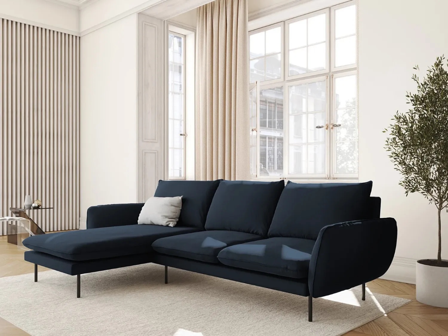 Sofá*Cosmopolitan Design - Sofá de canto esquerdo "Vienna" 5 lugares em veludo - 255x170x95cm Azul escuro