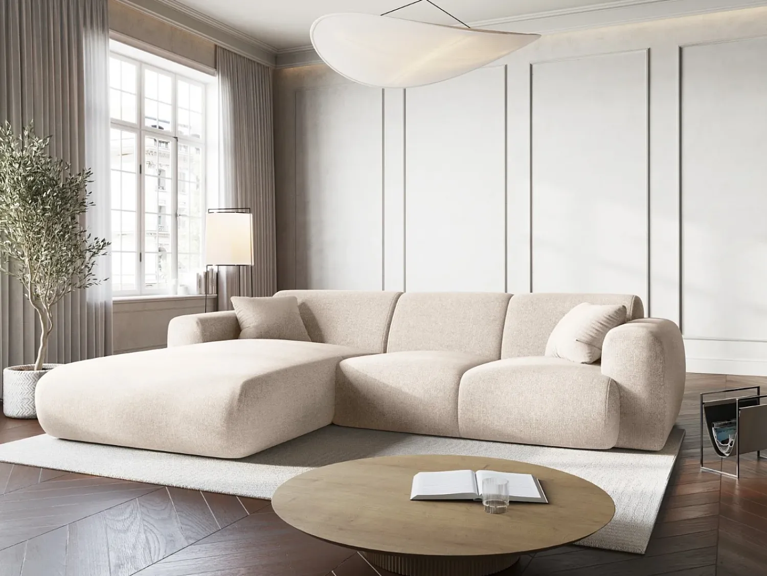 Sofá*Cosmopolitan Design - Sofá de canto esquerdo "Nolio" 4 lugares em tecido chenille claro - 260x170x72cm Bege