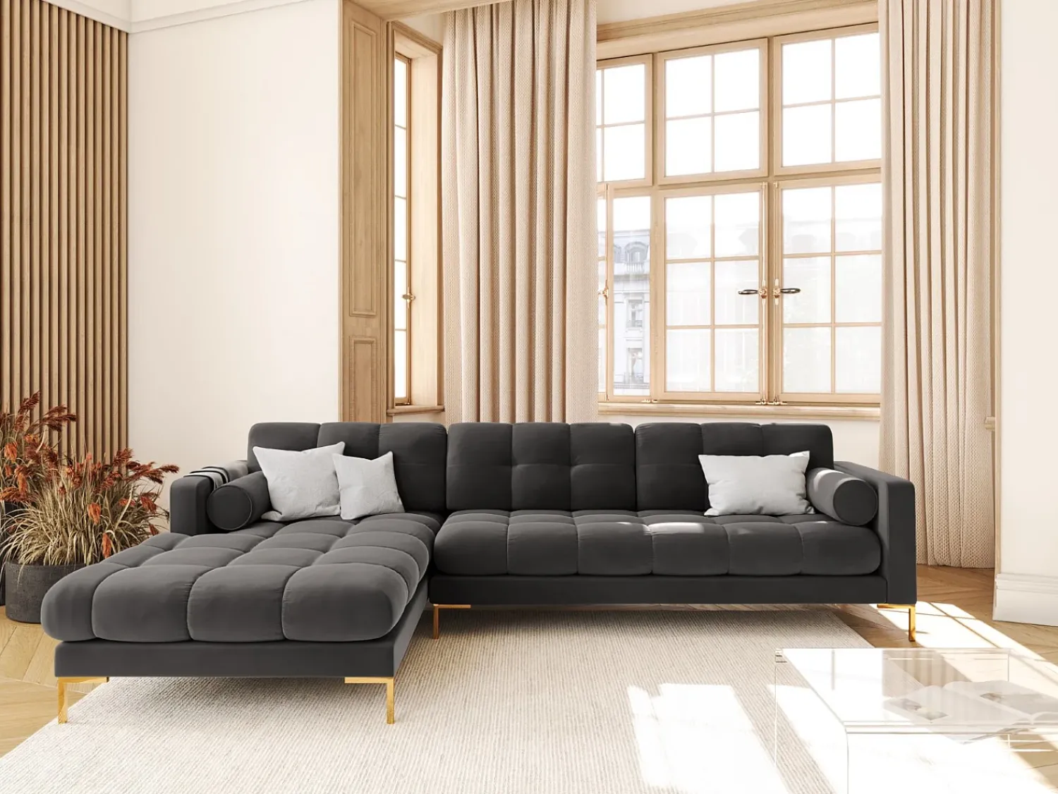 Sofá*Cosmopolitan Design - Sofá de canto esquerdo "Bali" 5 lugares em veludo cinza escuro - 293x185x75cm Cinza antracite